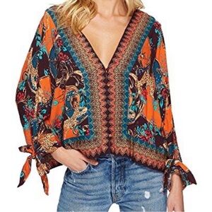 Free People Vibrant V-Neck Blouse - Orange and Teal catch me if you can top XS